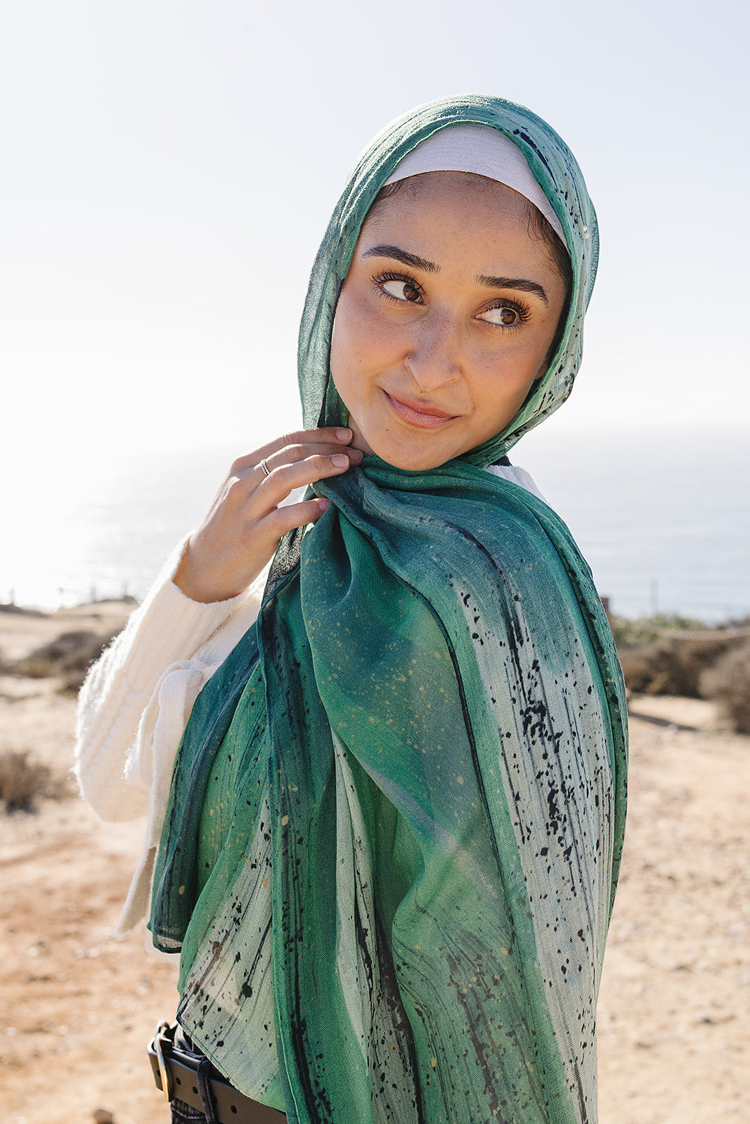 Bamboo Printed Modal Hijab - Green Hand Painted Strokes