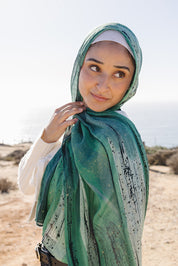 Bamboo Printed Modal Hijab - Green Hand Painted Strokes