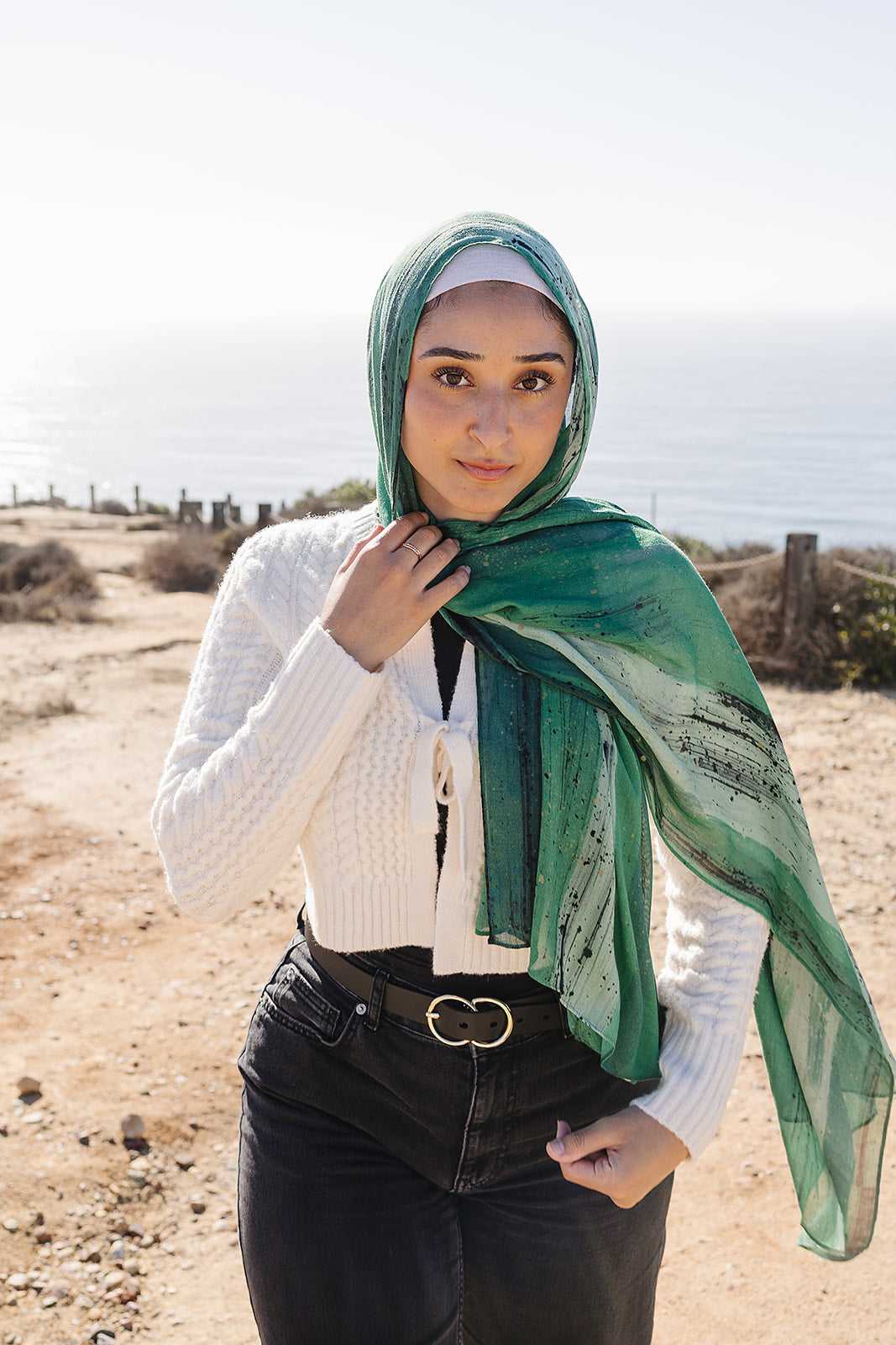 Bamboo Printed Modal Hijab - Green Hand Painted Strokes